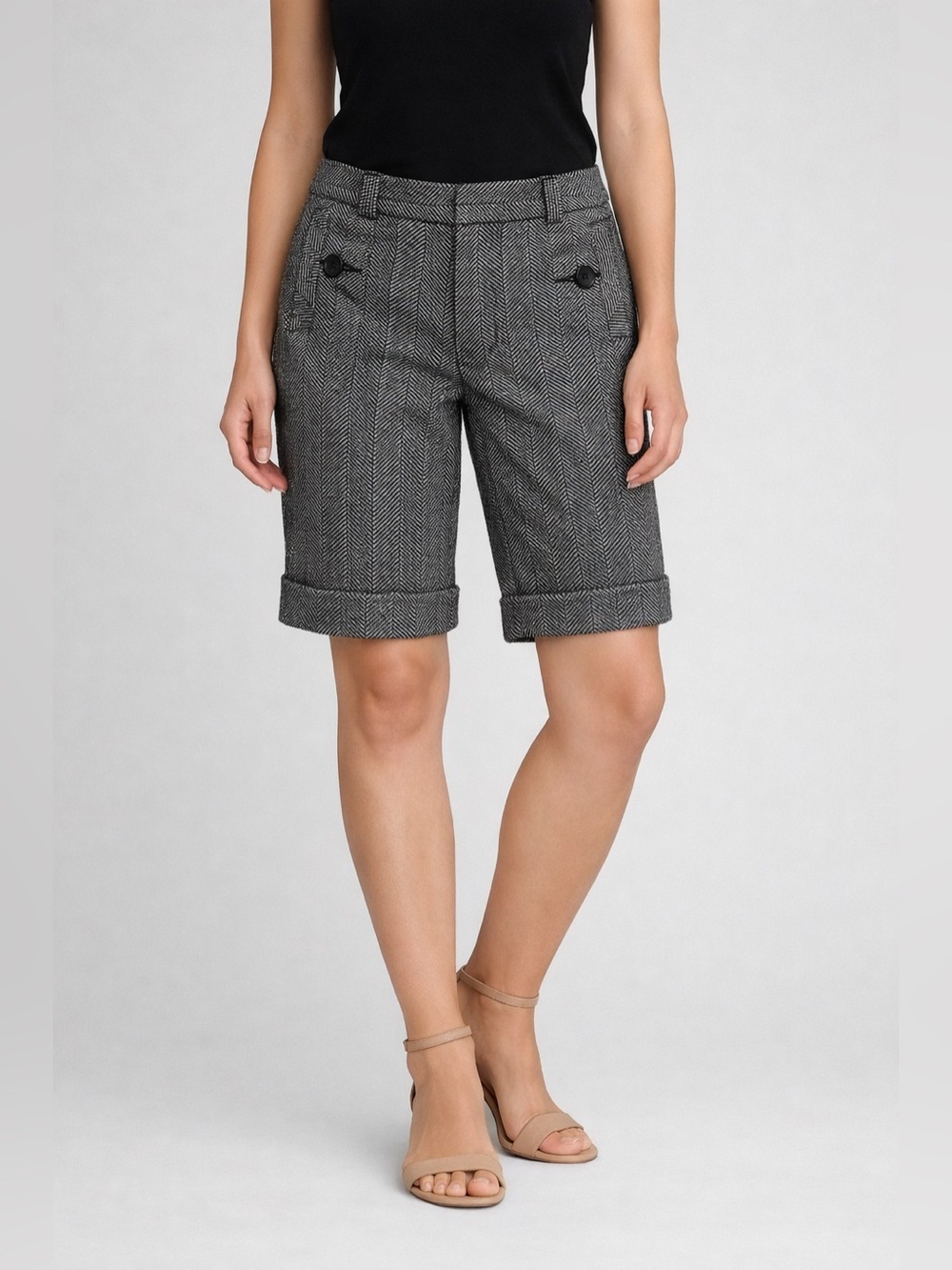 Tailored Herringbone Wool‑Blend Work Shorts Women’s Size 4 Classic Black White